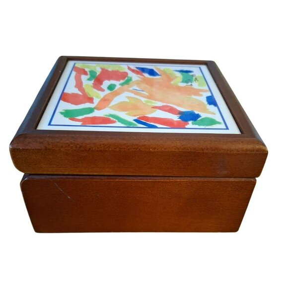 Handcrafted Wooden Trinket Box With Abstract Painted Tile Lid Artist Signed Lila - Picture 1 of 9